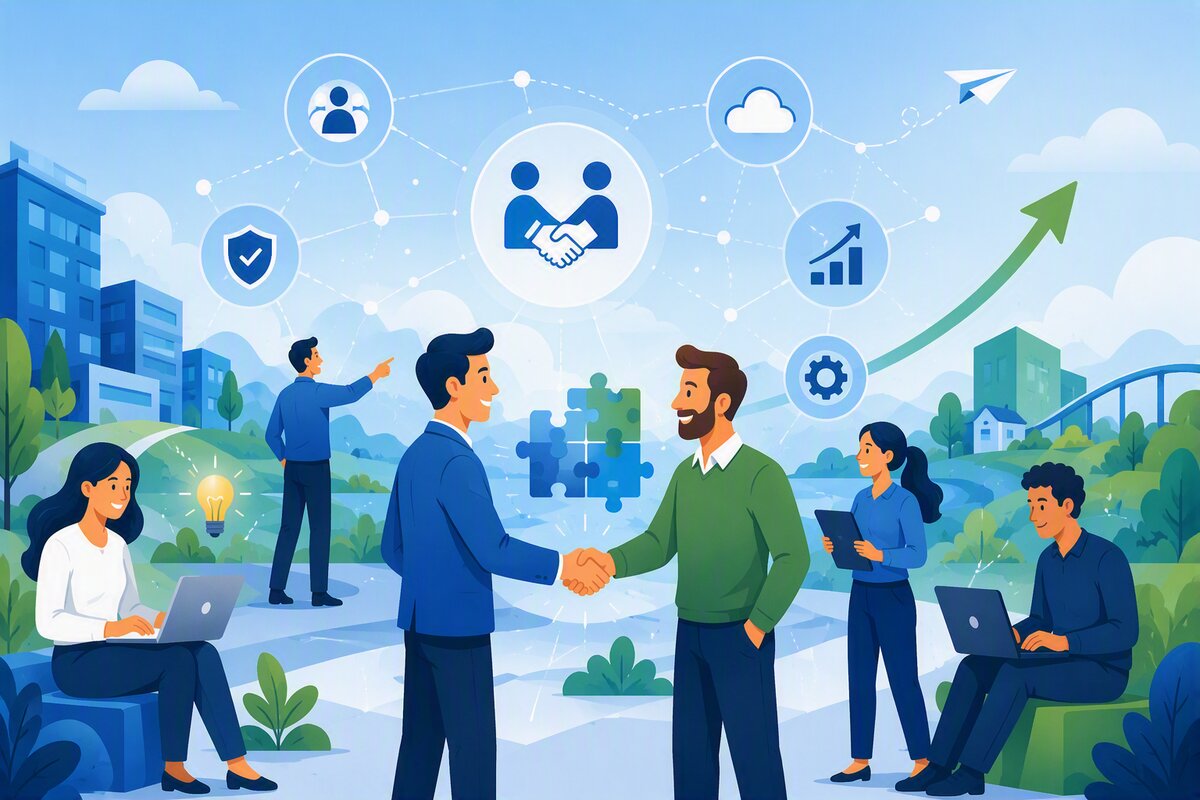 Twee zakenpartners geven elkaar een hand, omringd door iconen voor samenwerking, cloud, beveiliging en groei